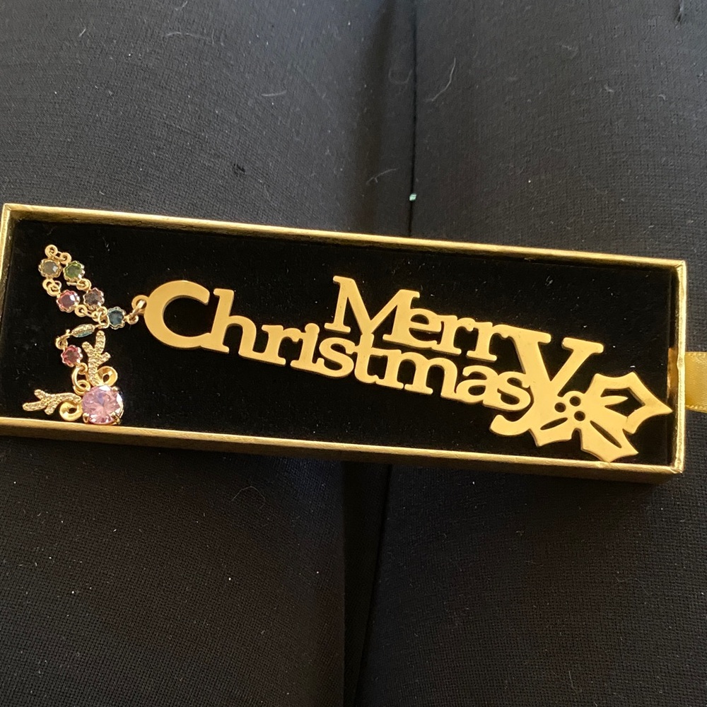Gold-Tone "Merry Christmas" metal book mark with Gem Accents gift boxed